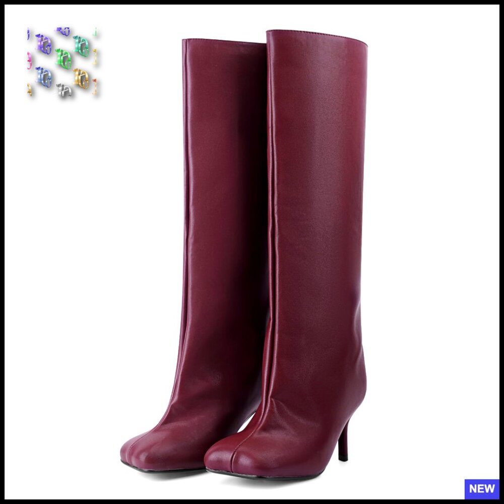 Knee High Suede Boots Wide Calf Square Toe Stiletto Heels Pull On Chic